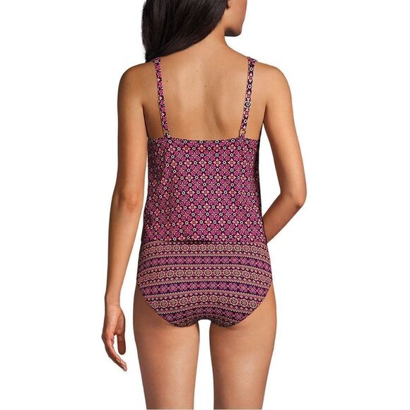Land's End One Piece Swimsuit Fauxkini scoop neck blackberry tile Geo print 8 - Picture 4 of 6